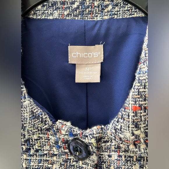 Chicos Blue Tweed Jacket Blazer Raw Hem Button Front Size 16/18 Chicos Sz 3 - Picture 7 of 13